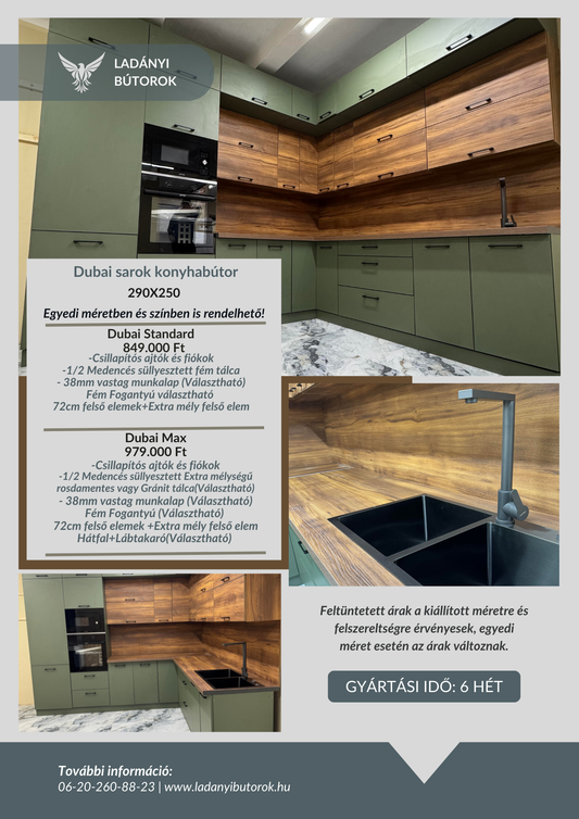 Dubai (Pisztáciazöld) 290x250cm magasított sarok konyhabútor blokk