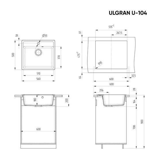 Ulgran U-104 Gránit Mosogatótálca - Egymedencés, Négyzet 560 x 500 mm