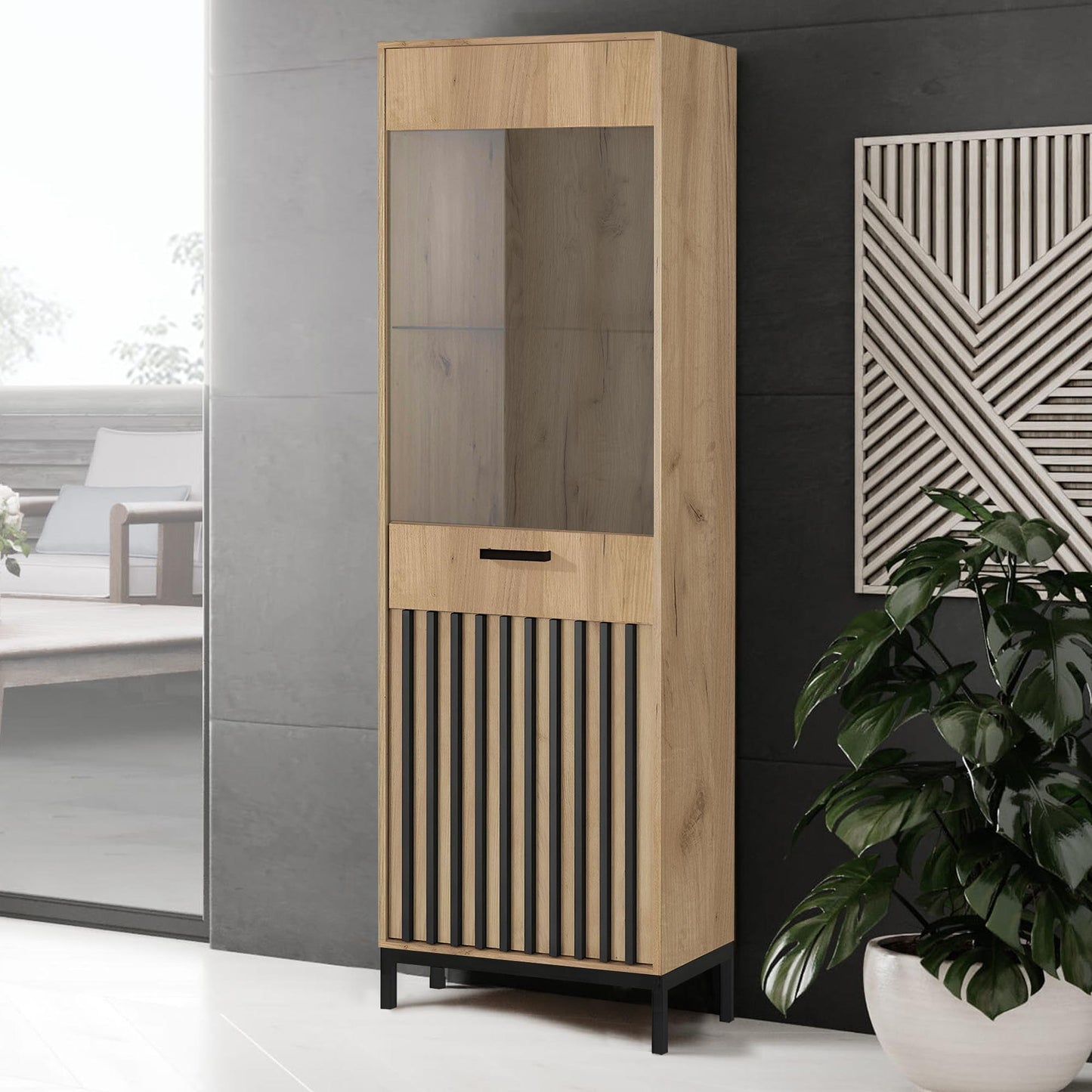 LAMINO W-1 vitrin, kézműves tölgy / fekete