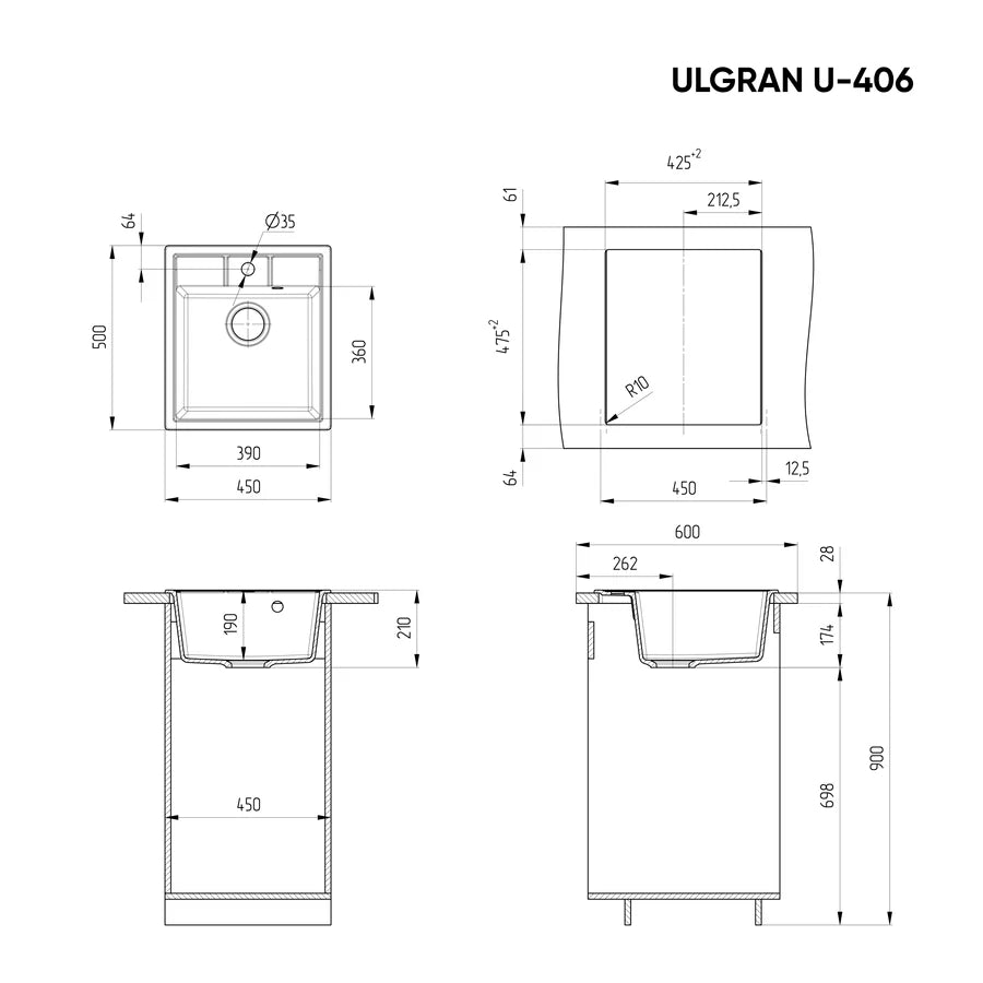 Ulgran U-406 Gránit Mosogatótálca - Egymedencés, Négyzet, 450 x 500 mm
