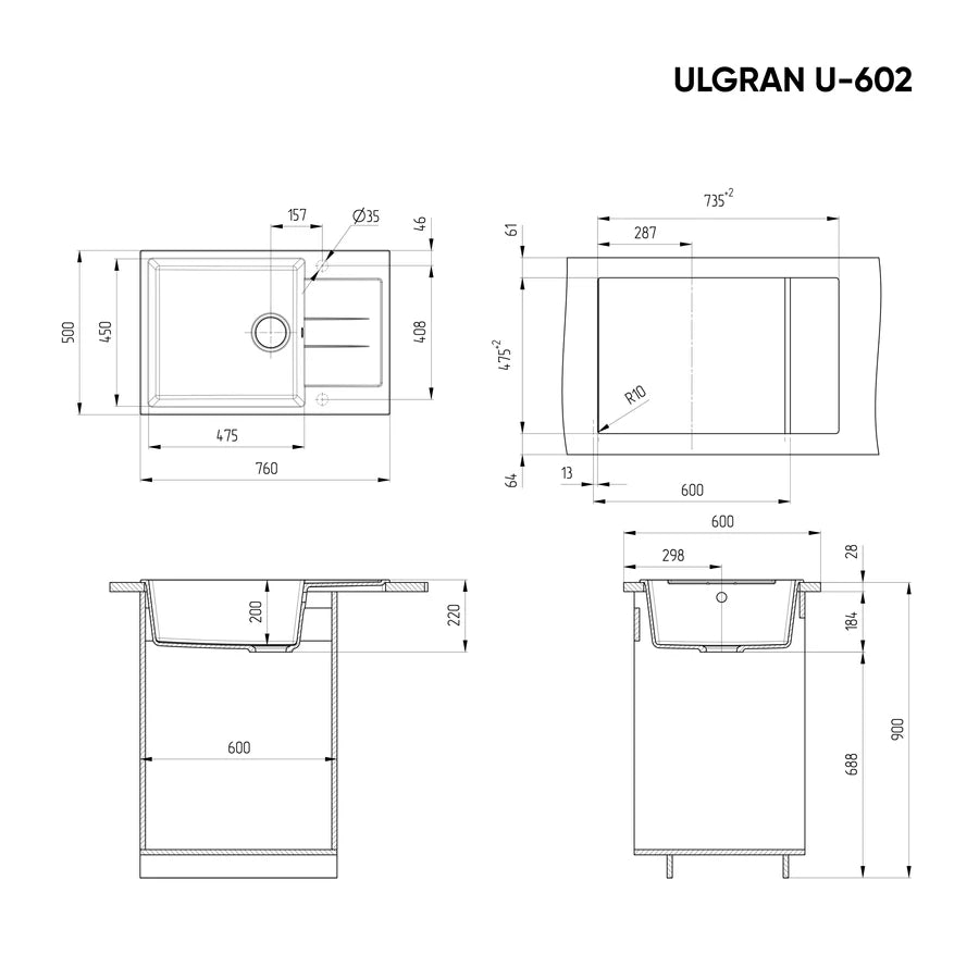 Ulgran U-602 Gránit Design Mosogatótálca - Csepegtetőtálcás 760 x 500 mm