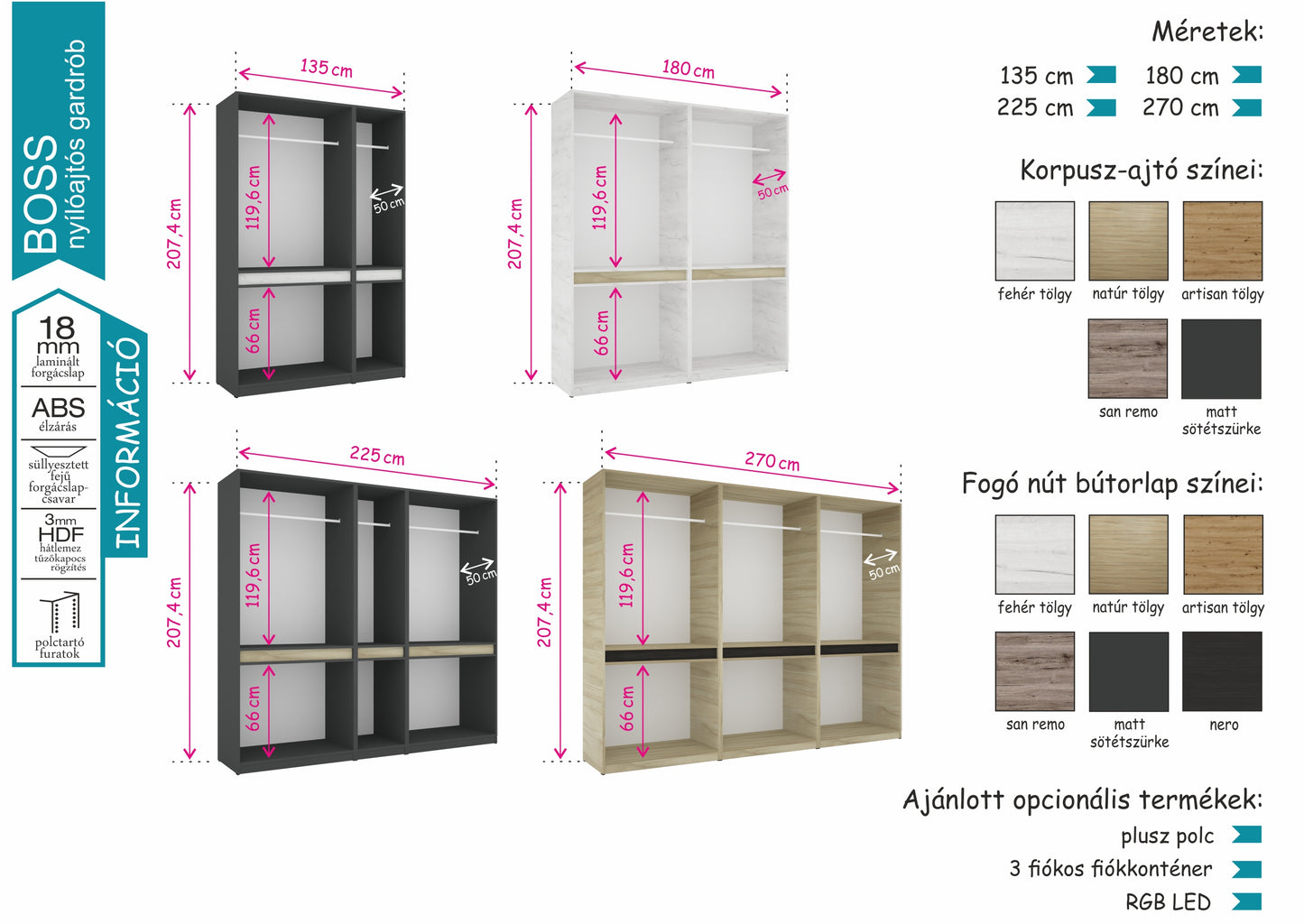 BOSTON tolóajtós gardrób+3 ajtó (279cm)