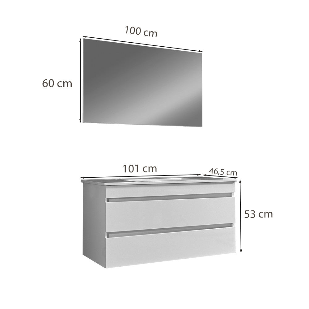 Cube Fürdőszobabútor 100 cm kerámia mosdóval (2 fiókos) tükörrel 60x100 cm szürke