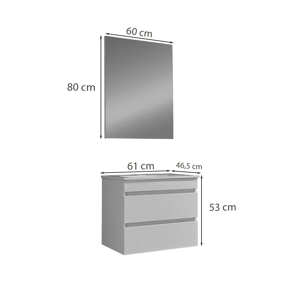 Cube Fürdőszobabútor 60 cm kerámia mosdóval (2 fiókos) tükörrel 60x80 cm magasfényű festett fehér