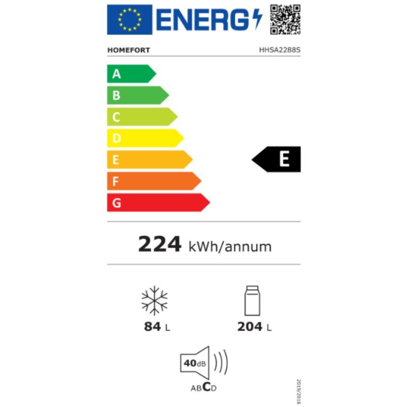 HOMEFORT HHSA2288S Alulfagyasztós hűtőszekrény E Energiaosztály, Hűtő: 204L, Fagyasztó: 84 L, Nofrost nélkül, Zajszint: 40 dB, Szél: 54 cm, Mag: 180 cm, Mély: 59.5 cm, Digitális kijelző nélkül
