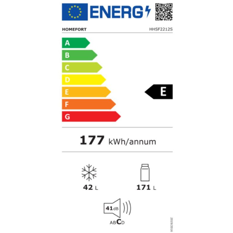 HOMEFORT HHSF2212S Felülfagyasztós hűtőszekrény E Energiaosztály, Hűtő: 171L, Fagyasztó: 42L, Nofrost nélkül, Zajszint: 41 dB, Szél: 54 cm, Mag: 145 cm, Mély: 57 cm, Digitális kijelző nélkül