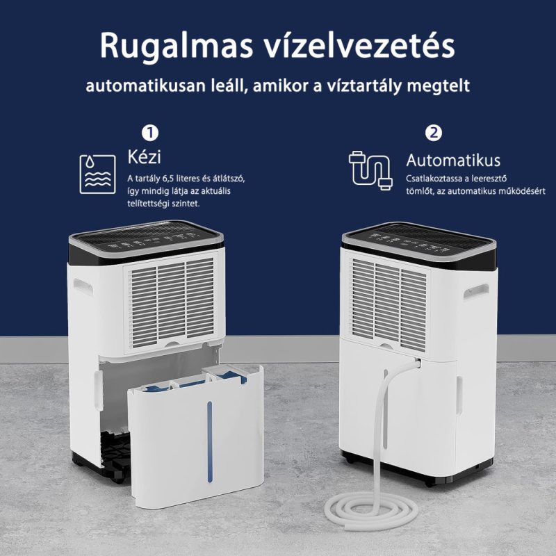 HOMEFORT HPMS20W Páramentesítő, 20 L/nap, Digitális kijelző, Gyerekzár, Időzítő, 6,5 L tartály, Telítettségjelző, Zajszint: 42 dB, Kivezethető cseppvíz