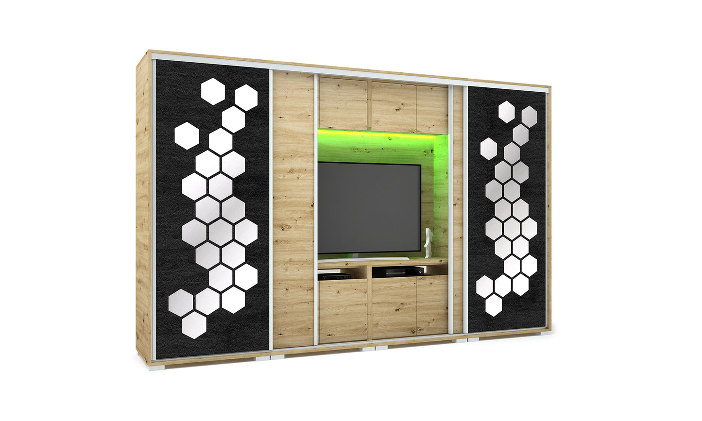 Honey TV-s tolóajtós gardrób 318 cm (2 Honey tükörrel)