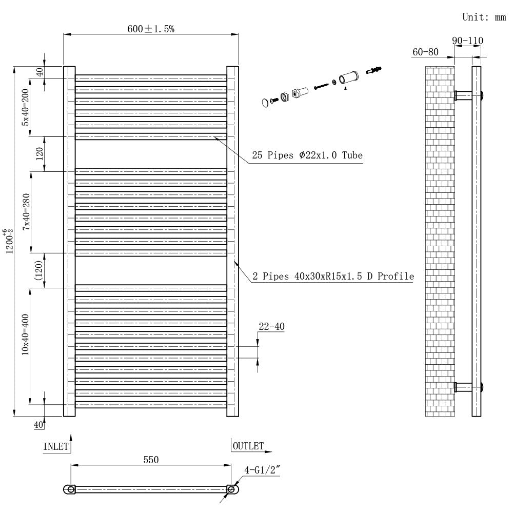 Egyenes törölközőszárító radiátor 1200x600 mm fekete