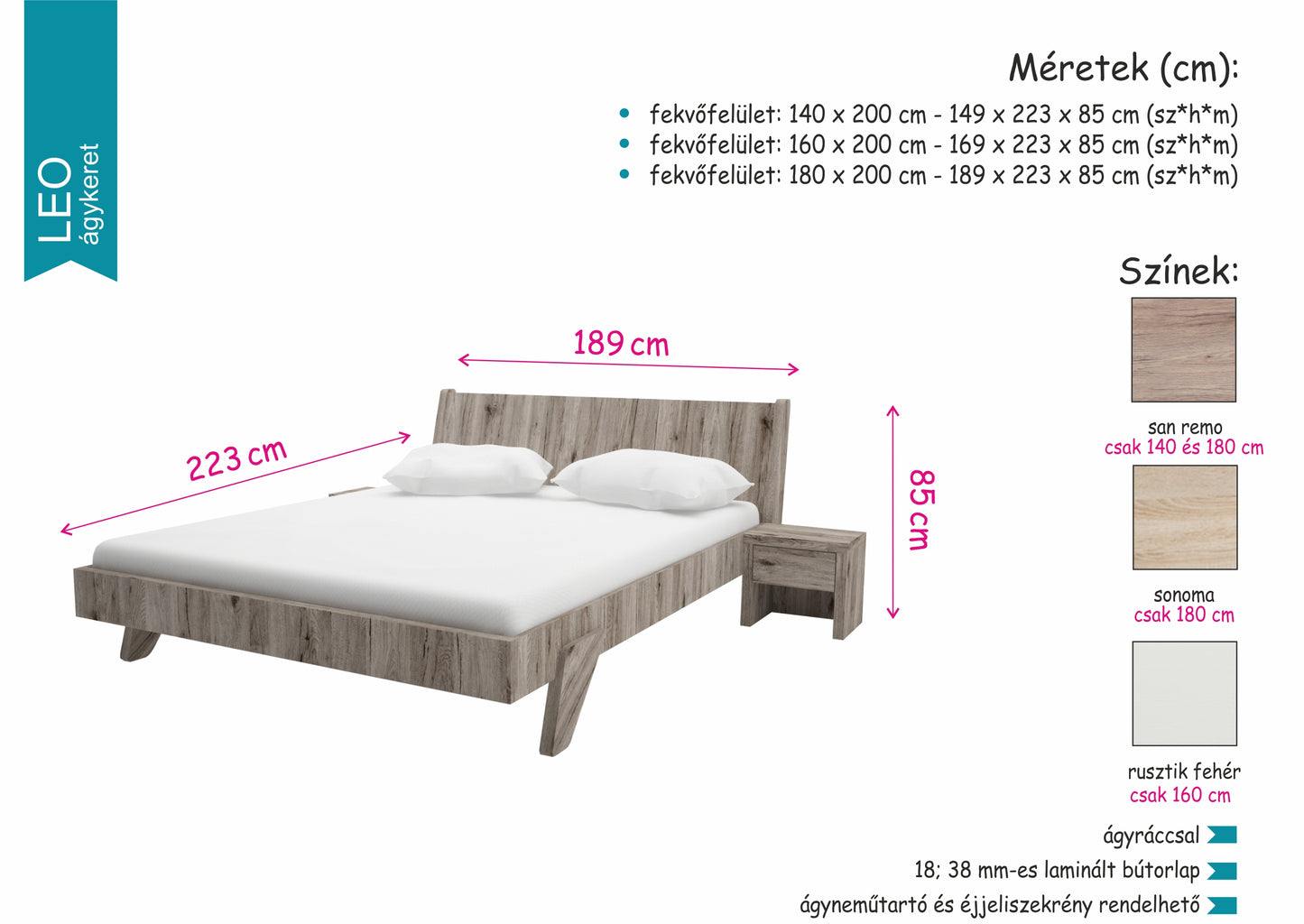 LEO 180 ágykeret (180cm x 200cm ágykeret + ágyrács)