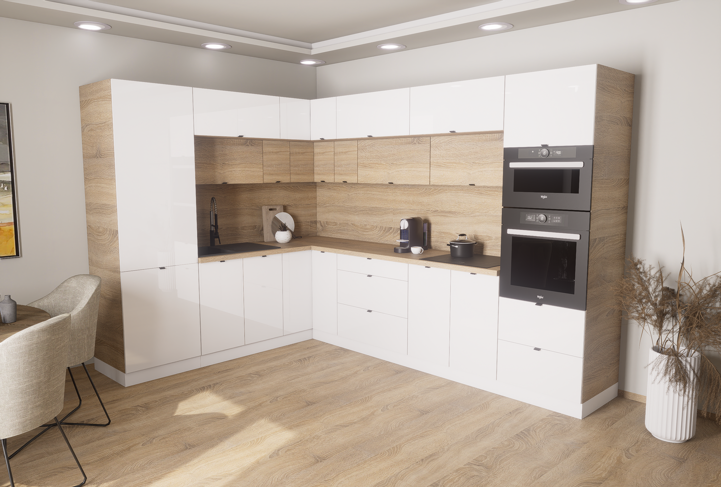 Milánó 230x310cm konyhablokk ( munkalappal ) 215cm magas mélyített felső sorral