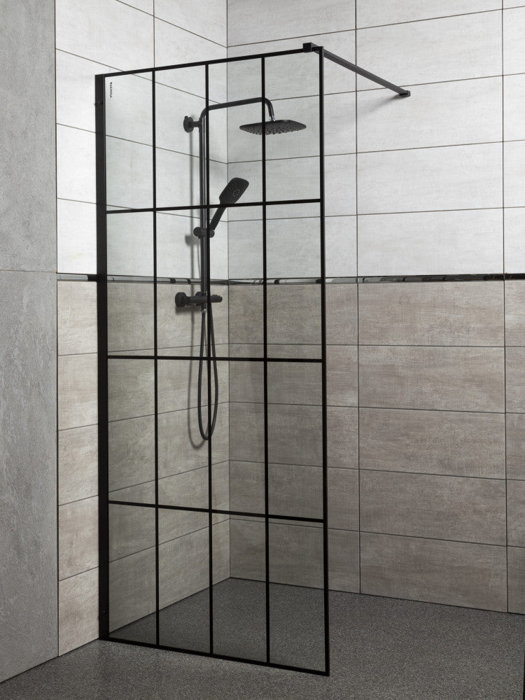 Techno 9 Walk-in zuhanykabin 9x2 cm, fekete profil, víztiszta üveg rácsmintával_1