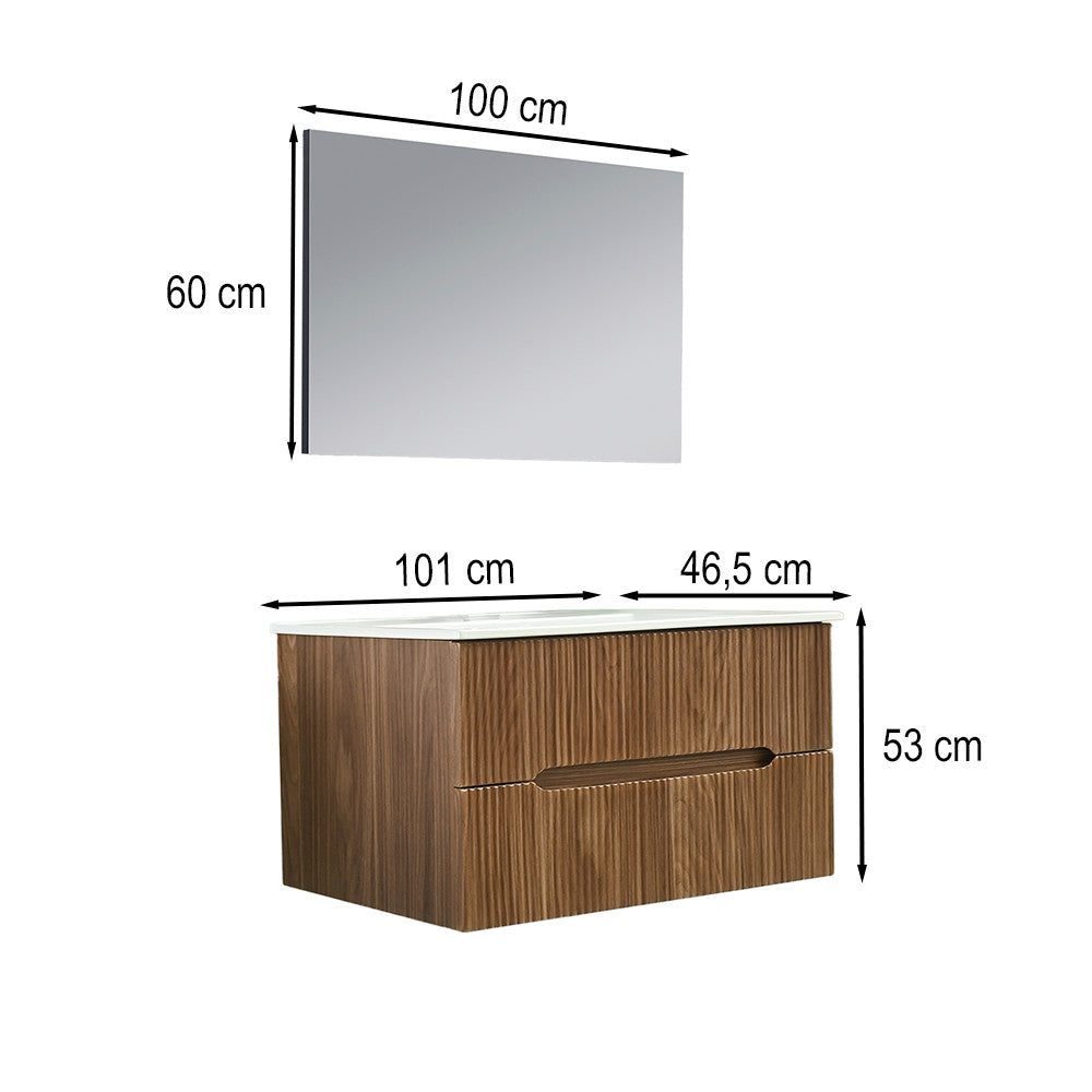 Trent Fürdőszobabútor 100 cm kerámia mosdóval (2 fiókos) tükörrel 60x100 cm sunset tölgy