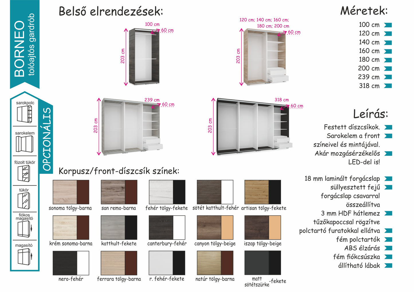BORNEO tolóajtós gardrób (100cm)