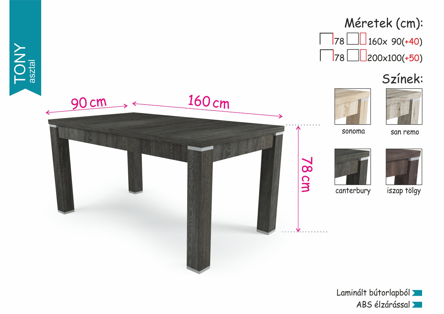 TONY asztal 200(+50)cm