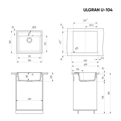 Ulgran U-104 Gránit Mosogatótálca - Egymedencés, Négyzet 560 x 500 mm