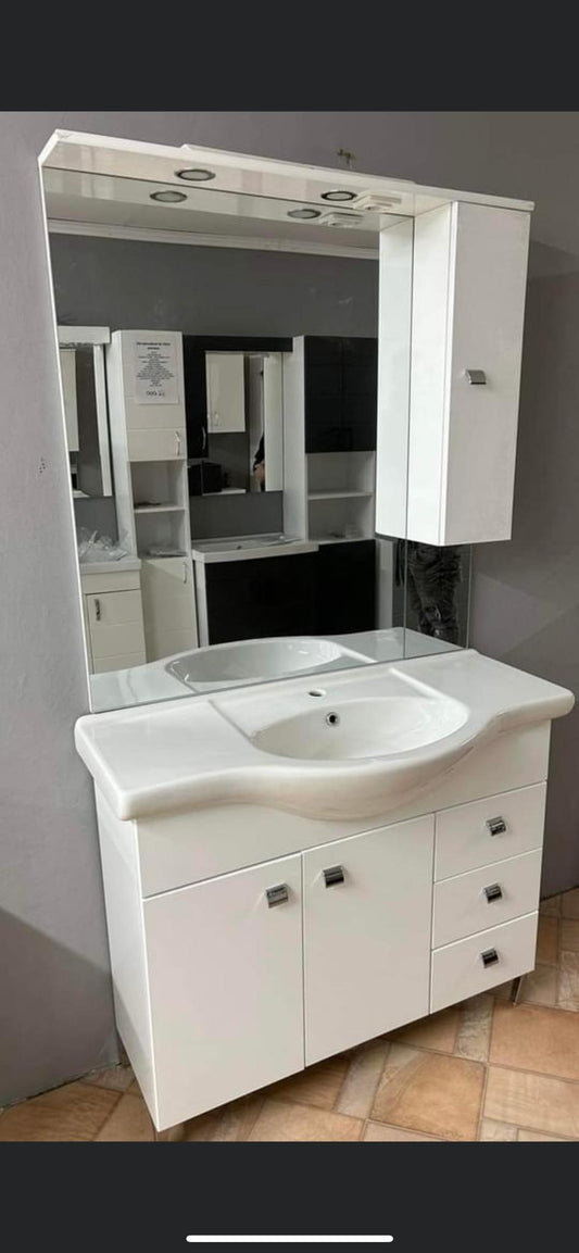 Smart 105cm garn. +mosdókagyló /fényes fehér/alsó+mosdó +tükrös felső rész (836+812led dr)