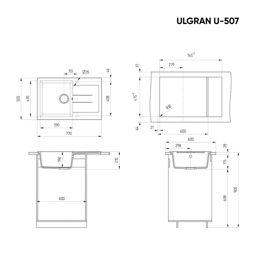 Ulgran U-507 Gránit Mosogatótálca - Csepegtetőtálcás 770 x 500 mm