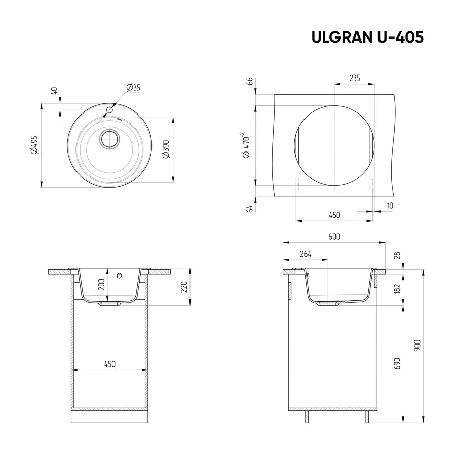 Ulgran U-405 Gránit Mosogatótálca - Egymedencés, Kerek 495 x 220 mm