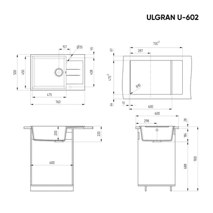 Ulgran U-602 Gránit Design Mosogatótálca - Csepegtetőtálcás 760 x 500 mm