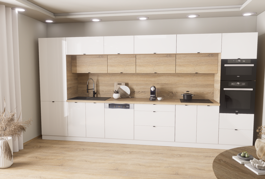 Milánó 420cm konyhablokk ( munkalappal ) 215cm magas mélyített felső sorral