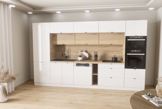 Milánó 360cm konyhablokk ( munkalappal ) 215cm magas mélyített felső sorral