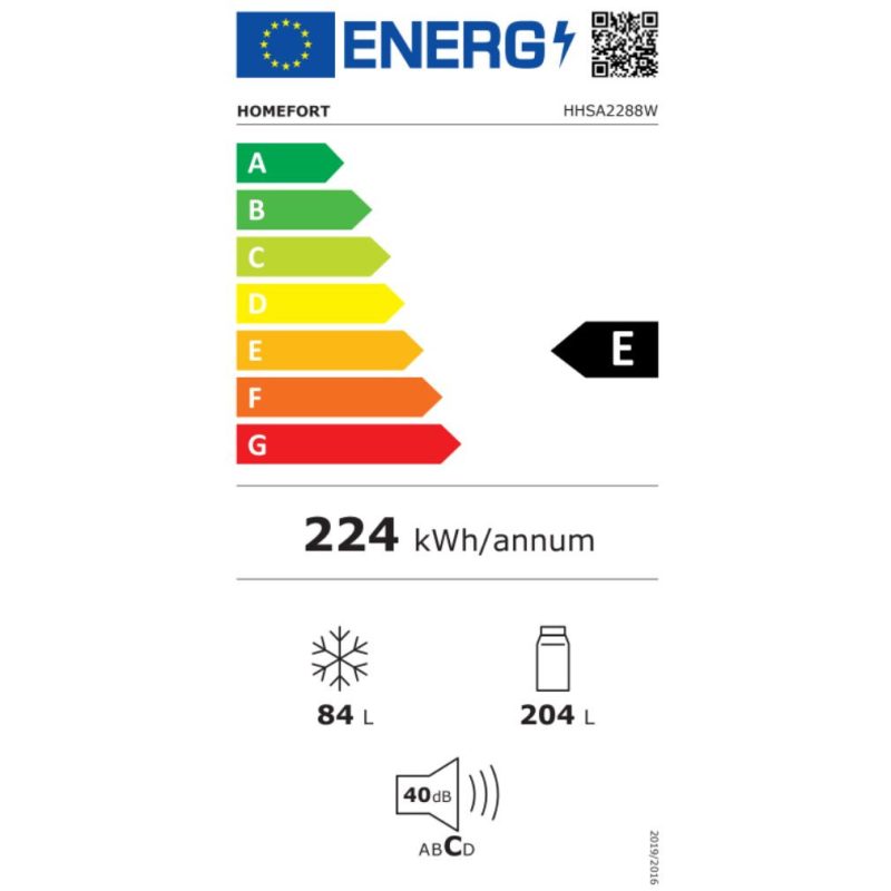 HOMEFORT HHSA2288W Alulfagyasztós hűtőszekrény E Energiaosztály, Hűtő: 204L, Fagyasztó: 84 L, Nofrost nélkül, Zajszint: 40 dB, Szél: 54 cm, Mag: 180 cm, Mély: 59.5 cm, Digitális kijelző nélkül