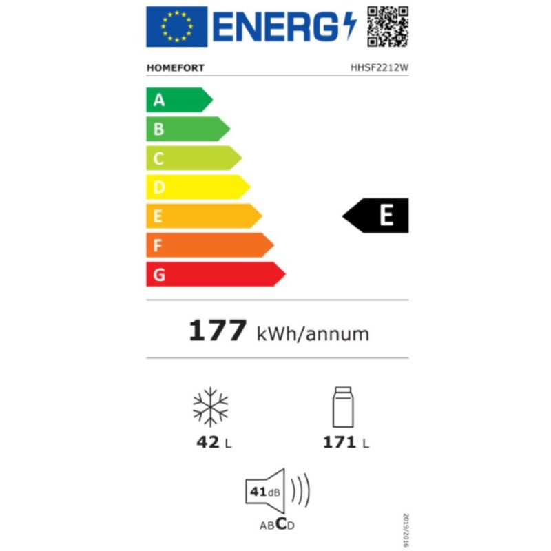 HOMEFORT HHSF2212W Felülfagyasztós hűtőszekrény E Energiaosztály, Hűtő: 171L, Fagyasztó: 42L, Nofrost nélkül, Zajszint: 41 dB, Szél: 54 cm, Mag: 145 cm, Mély: 57 cm, Digitális kijelző nélkül