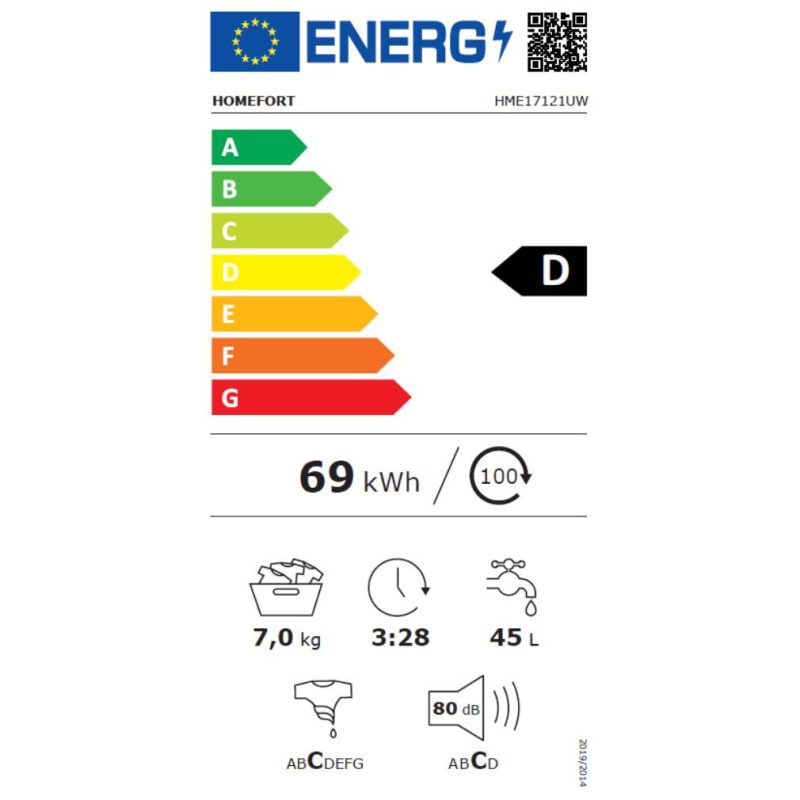 HOMEFORT HME17121UW Elöltöltős mosógép D energiaosztály, 7 kg, Keskeny mélység, 1200 fordulat/perc, Centrifugálási zajszint: 80 dB , Inverter motor nélkül, Gőzfunkció nélkül