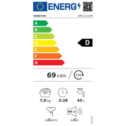 HOMEFORT HME17121UW Elöltöltős mosógép D energiaosztály, 7 kg, Keskeny mélység, 1200 fordulat/perc, Centrifugálási zajszint: 80 dB , Inverter motor nélkül, Gőzfunkció nélkül