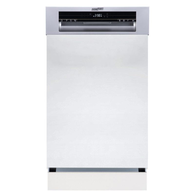 HOMEFORT HMGF0421DS Beépíthető mosogatógép, bútorlap nélkül, 10 teríték, 8.5 L fogyasztás, 8 program,  47 dB zajszint, D energia, Felső evőeszköztartó, 45 cm,  Digit. kijelző, Automata ajtónyitással
