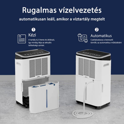 HOMEFORT HPMS20W Páramentesítő, 20 L/nap, Digitális kijelző, Gyerekzár, Időzítő, 6,5 L tartály, Telítettségjelző, Zajszint: 42 dB, Kivezethető cseppvíz
