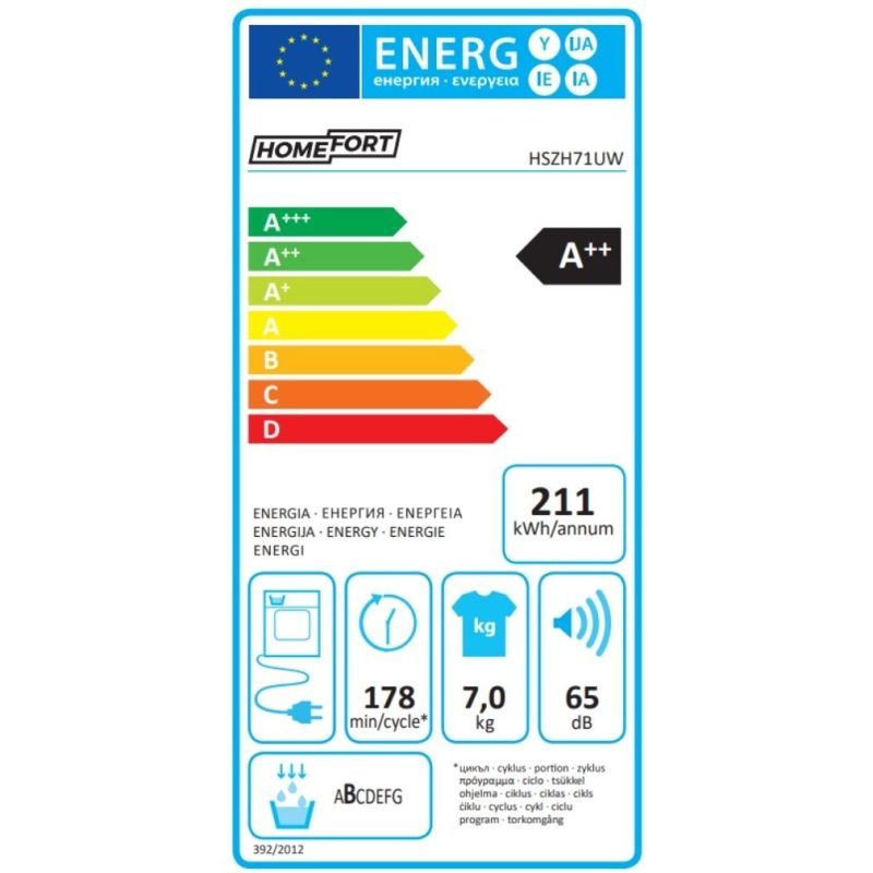 HOMEFORT HSZH71UW Hőszivattyús szárítógép, A++ Energiaosztály, 7 kg, Keskeny mélység, Zajszint: 65 dB, Inverter motor nélkül