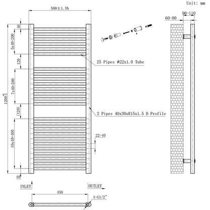 Egyenes törölközőszárító radiátor 1200x500 mm fekete