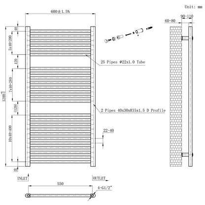 Egyenes törölközőszárító radiátor 1200x600 mm fehér