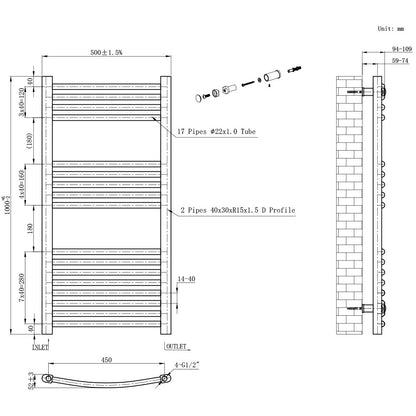 Íves törölközőszárító radiátor 1000x500 mm fehér