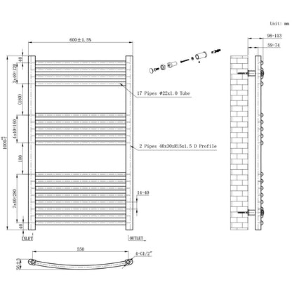 Íves törölközőszárító radiátor 1000x600 mm fekete