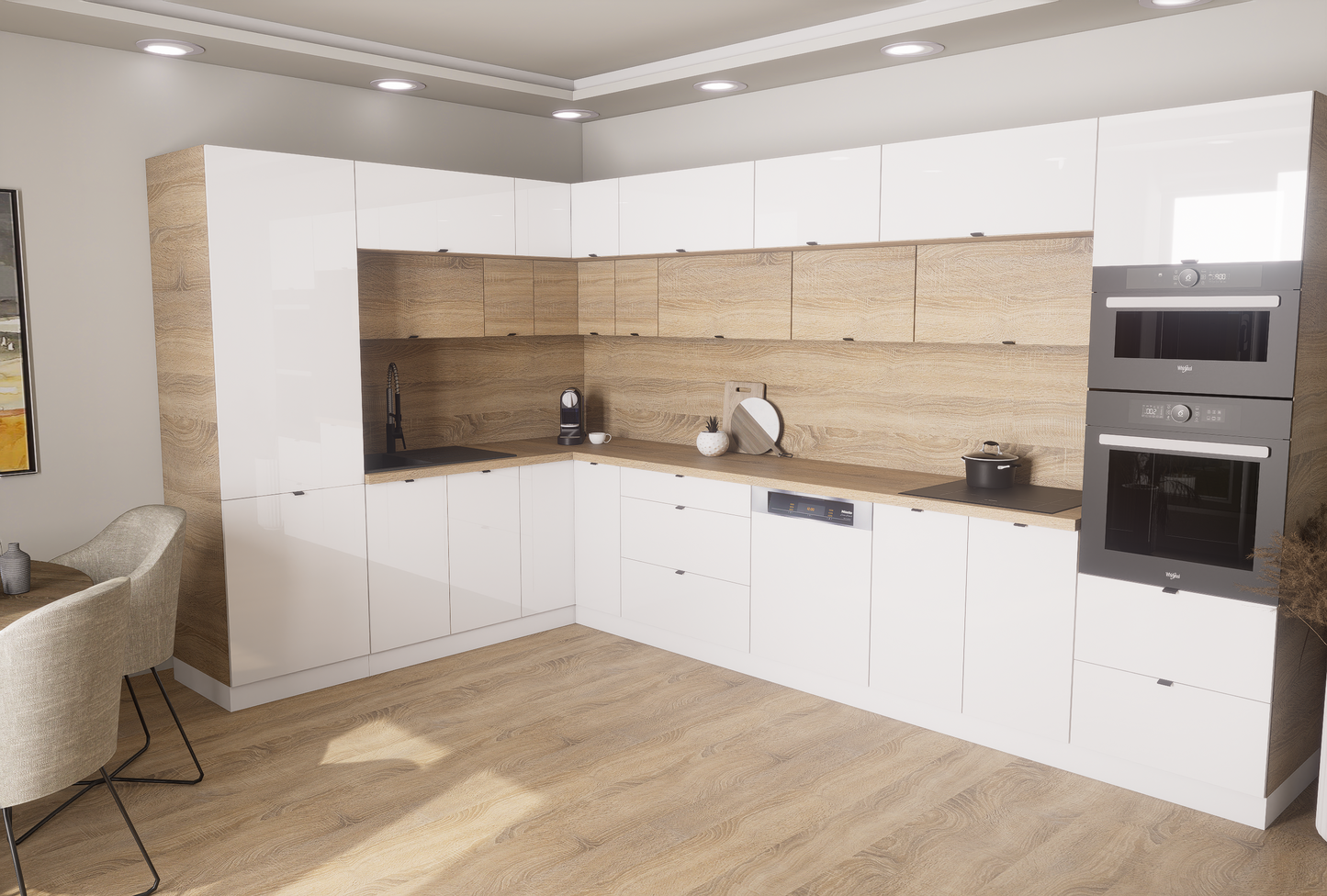 Milánó 230x370cm konyhablokk ( munkalappal ) 215cm magas mélyített felső sorral