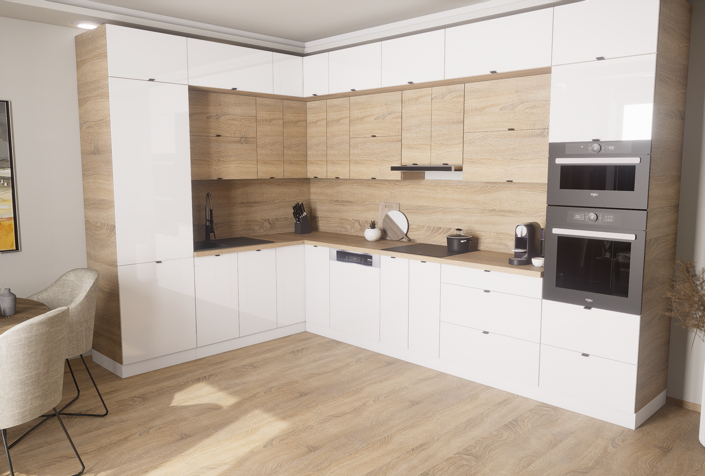 Milánó 230x350cm konyhablokk ( munkalappal ) 251cm magas mélyített felső sorral