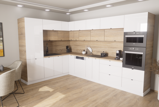 Milánó 230x350cm konyhablokk ( munkalappal ) 215cm magas mélyített felső sorral