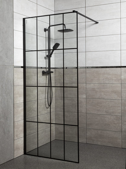 Techno 9 Walk-in zuhanykabin 9x2 cm, fekete profil, víztiszta üveg rácsmintával_1