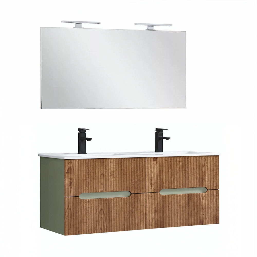 Trent Fürdőszobabútor 120 cm kerámia mosdóval tükörrel 60x120 cm olivazöld-sunset tölgy