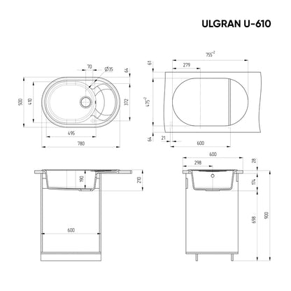 Ulgran U-610  Csepegtetőtálcás Gránit Mosogató - Ovális 780 × 500 mm