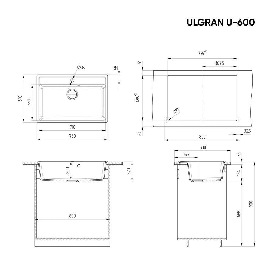 Ulgran U-600 Gránit Mosogatótálca - Egymedencés, Téglalap, Extra széles 760 x 510 mm