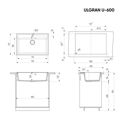 Ulgran U-600 Gránit Mosogatótálca - Egymedencés, Téglalap, Extra széles 760 x 510 mm