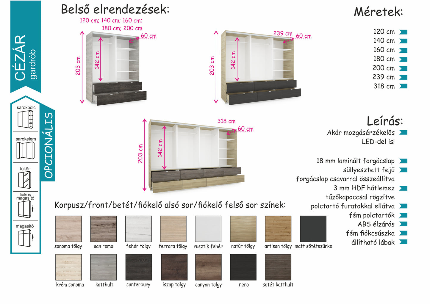 CÉZÁR tolóajtós gardrób (200cm)
